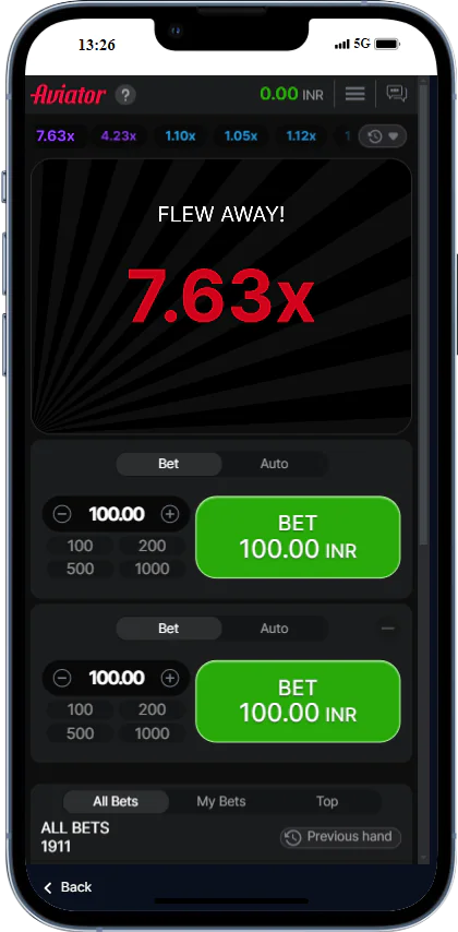 Screenshot at the end of a round of Aviator